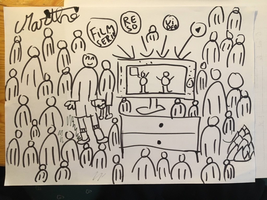 A child's drawing. In the middle, there is a screen, on the screen a movie is running. Around the screen there are many people, at least two dozens. The words 'film', 'series', 'network', 'video' are written and arrows point from these words to the screen. There's also a play icon.