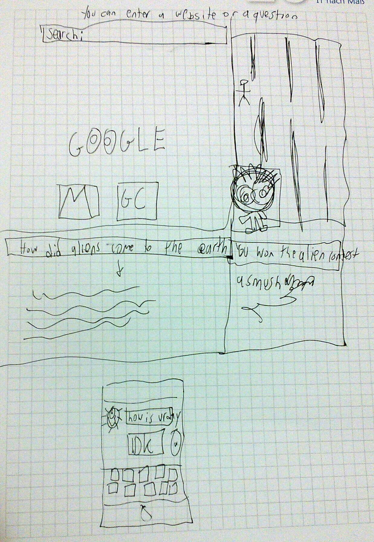 Google, an alien using Twitch, Google search results, and the interface of an IM software on an iPhone drawn by a 13 year old boy